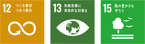 SDGs17の目標「12．つくる責任 つかう責任」「13．気候変動に具体的な対策を」「15．陸の豊かさも守ろう」